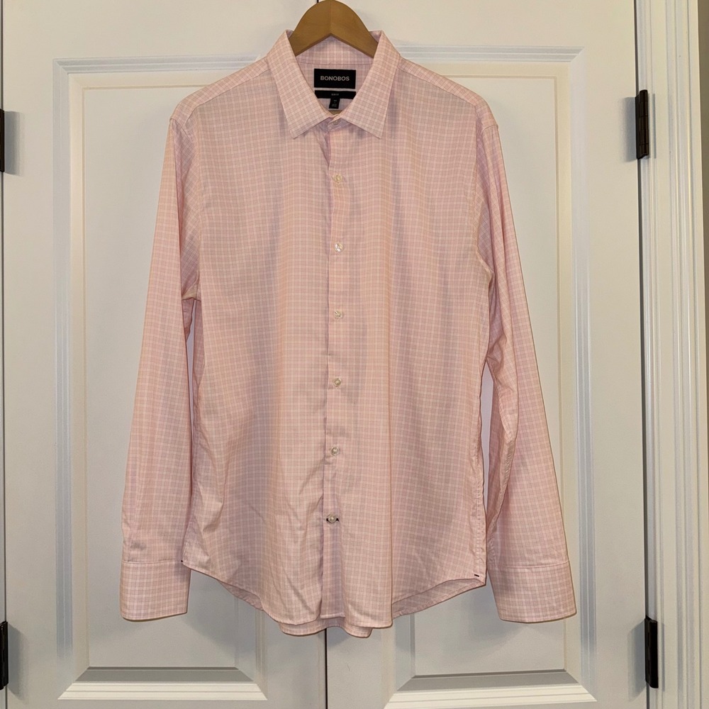 Bonobos Mens L Slim Fit Pink White Plaid‎ Long Sleeve Button Down Dress Shirt